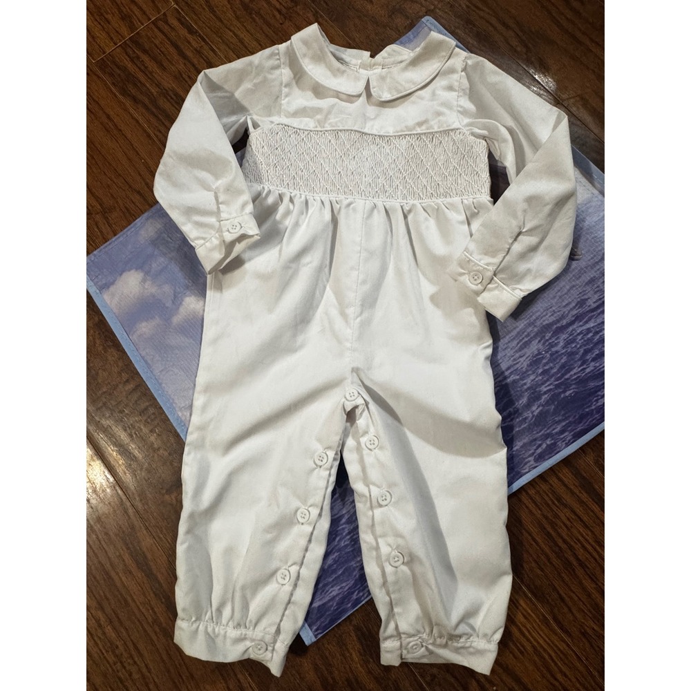 Strasburg Children White Smocked Long Sleeve Romper Peter Pan Collar 24M